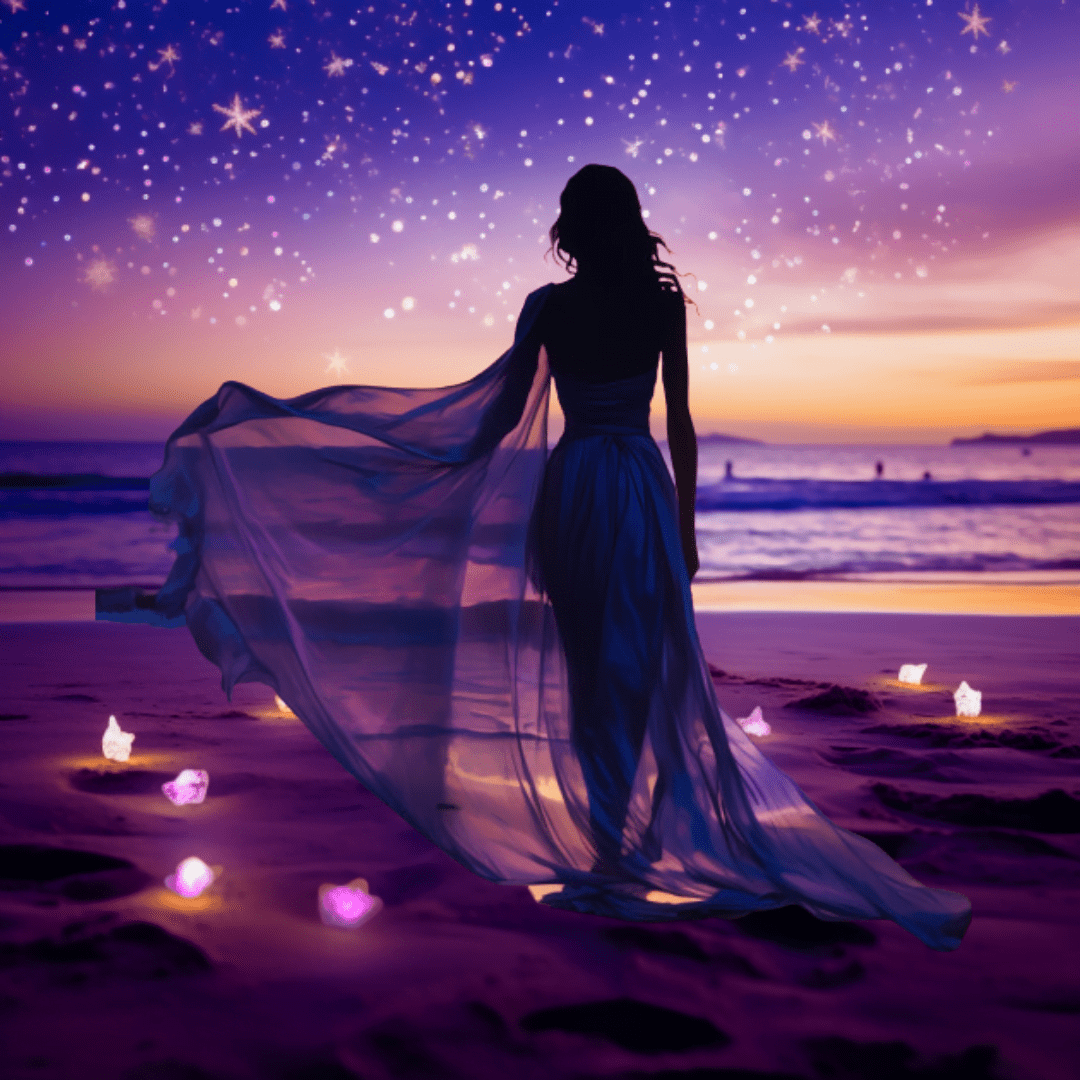 femme entrepreneuse spirituelle coucher soleil plage