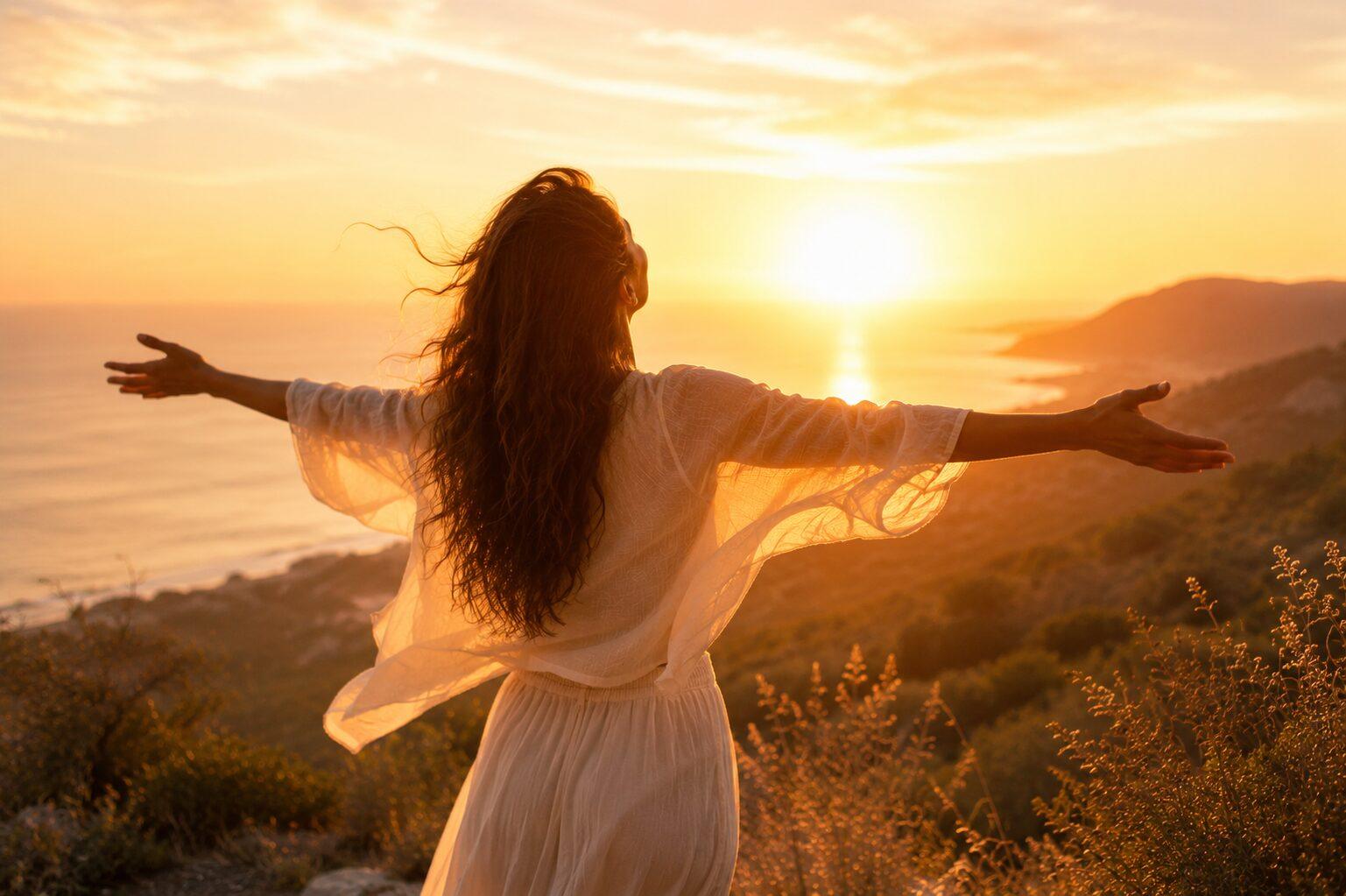 Femme en silhouette au coucher du soleil guidance spirituelle Femme en silhouette au coucher du soleil