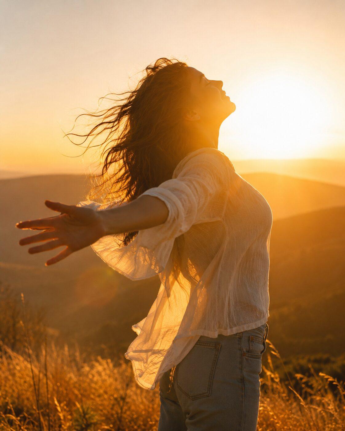 Guidance spirituelle booster – éclairer et libérer vos blocages-marie-laure-izange femme au soleil après une guidance spirituelle