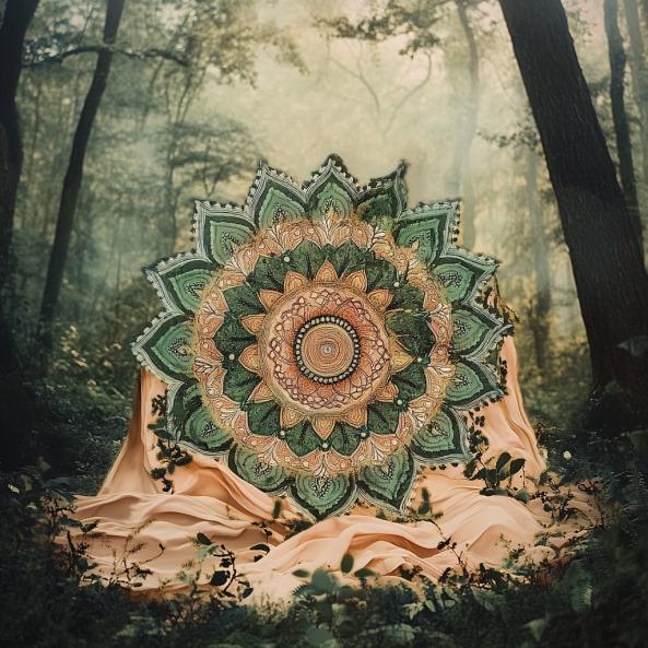 Lien vers instagram Un mandala complexe avec des motifs de couleurs verts et rose, par Marie-Laure IZANGE