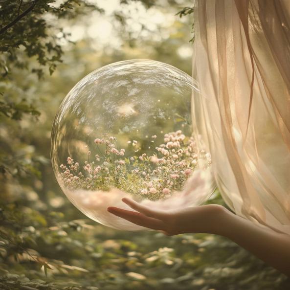 Lien vers podcast Photo d'une main qui tient une bulle transparente flottante, par Marie-Laure IZANGE