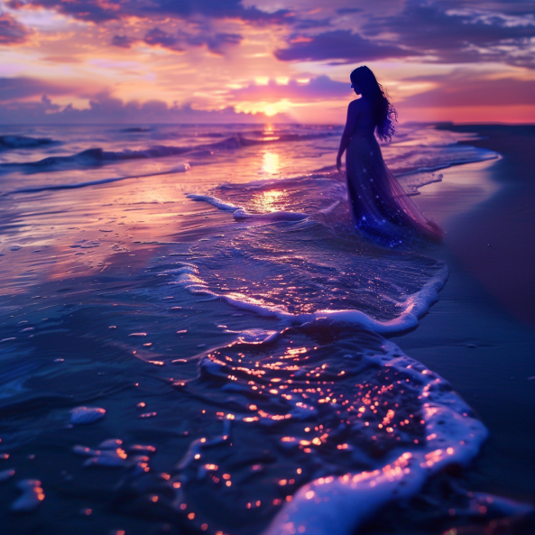 femme plage, coucher de soleil