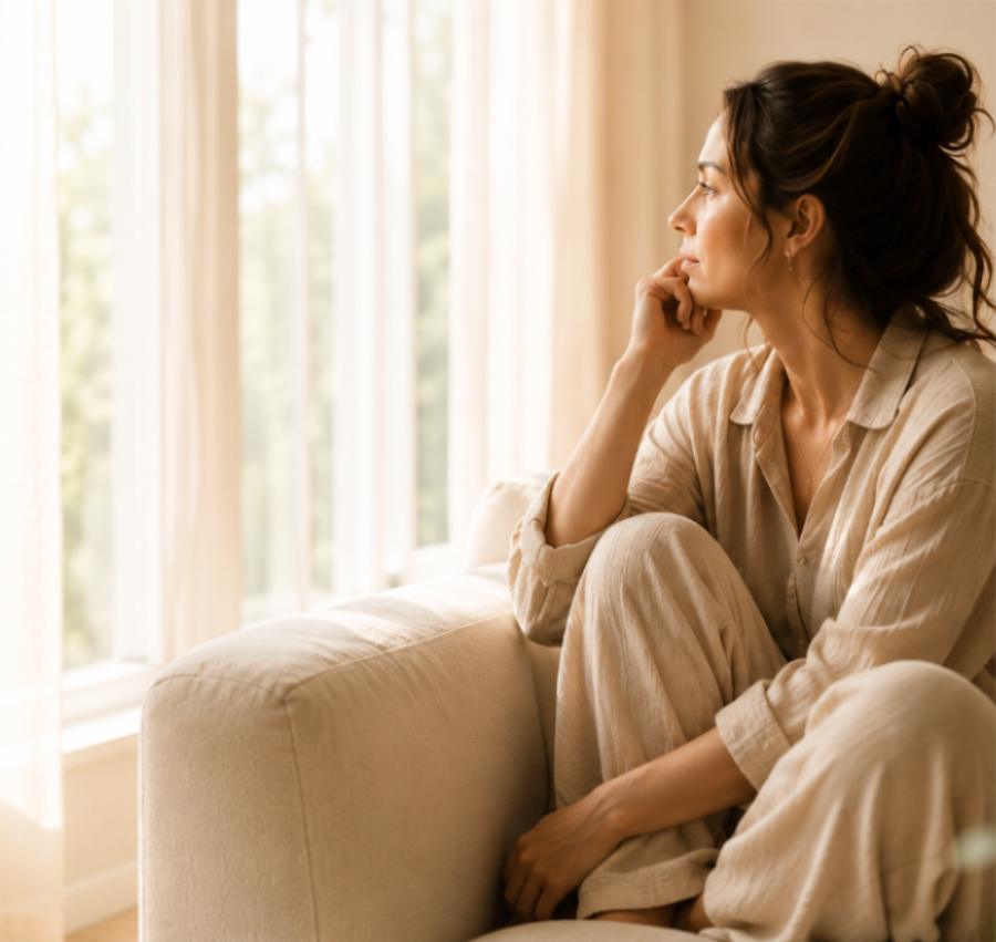 Femme pensive près d'une fenêtre, illustrant le vide intérieur malgré une vie qui semble aller bien et qui est en mode pilote automatique vie